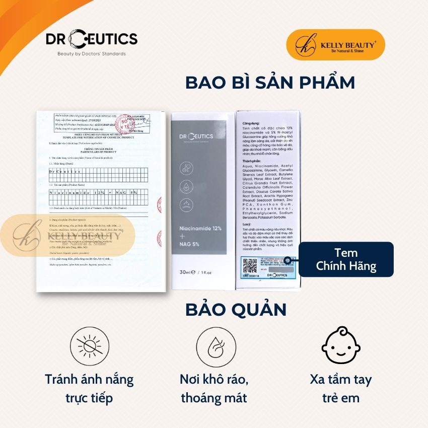 Serum Vitamin B3 DrCeutics 30ml - Làm Sáng, Đều Màu Da &amp; Se Khít LCL - Niacinamide 12% + NAG 5% | Kelly Beauty