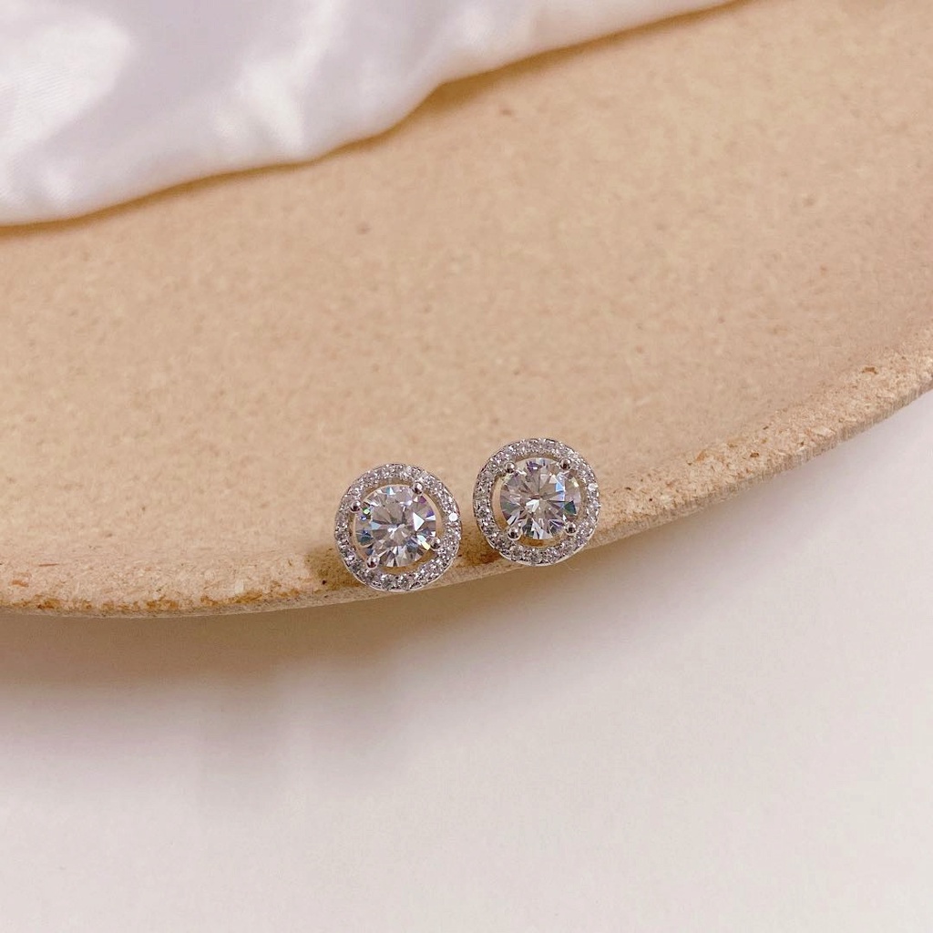 Bông tai bạc nạm đá tròn DaLiA Jewelry cho nam và nữ khuyên tai sang chảnh đá lấp lánh