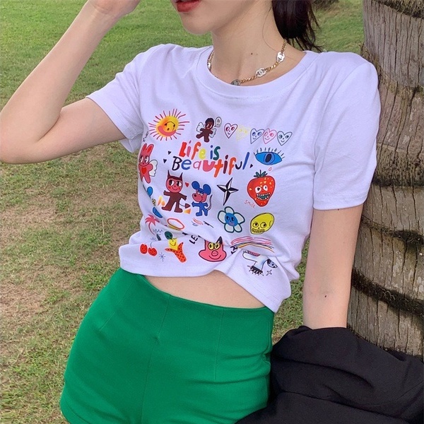 Áo thun ZHELIHANGFEI ngắn tay in họa tiết hoạt hình xinh xắn gợi cảm