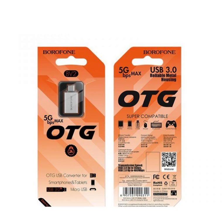 Đầu Cáp Chuyển OTG BOROFONE BV2 USB-A Sang Micro USB, USB 3.0