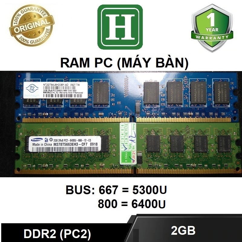 RAM PC DDR2 2gb bus 800 - 6400U và 667 - 5300U ram tháo máy bộ chính hãng, bảo hành 12 tháng