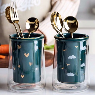 Lọ sứ kem thuỷ tinh đựng thìa dĩa 2 trong 1