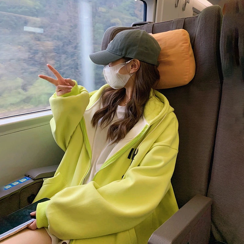 Áo Hoodie Dáng Rộng Màu Xanh Lá Dạ Quang Phong Cách Thời Trang Thu Đông Mới
