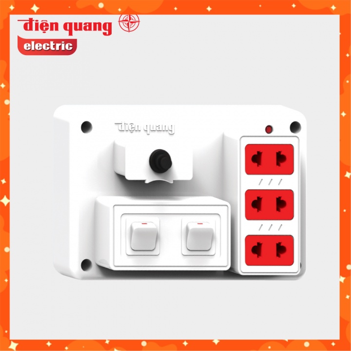 Bảng Điện Nổi 3 Lỗ 2 Chấu 2 Công Tắc Tự Động Ngắt Khi Quá Tải Cao Cấp Điện Quang chụi tải 3000W, Taplo Điện Màu Trăng-đỏ