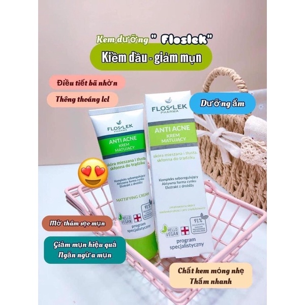Kem kiểm soát dầu và điều tiết nhờn Floslek Anti Acne Mattifying Cream 50ml