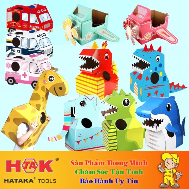 Bộ Đồ Chơi Cosplay, Hóa Trang Khủng Long, Máy Bay, Xe Cứu Hỏa, Cảnh Sát, Cần Cẩu Bằng Carton Cho Bé