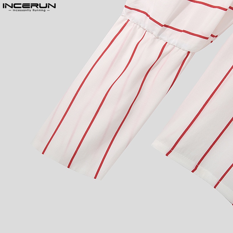 INCERUN Áo Sơ Mi Baggy Tay Dài Kẻ Sọc Thời Trang Cho Nam Giới