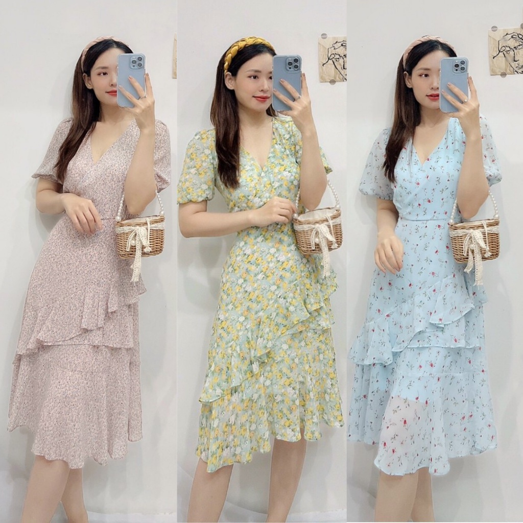 Đầm hoa nhí xếp tầng, Váy hoa nhí chéo tà dáng dài Cao Cấp tay ngắn cổ V, màu xanh hồng, nữ tính quyến rũ - MiNhi