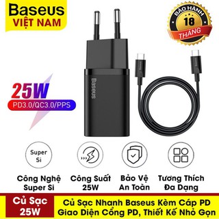 Củ sạc nhanh baseus 25w kèm cáp type-c to type-c, công nghệ super si đầu sạc pd sạc nhanh qc3.0, pd3.0