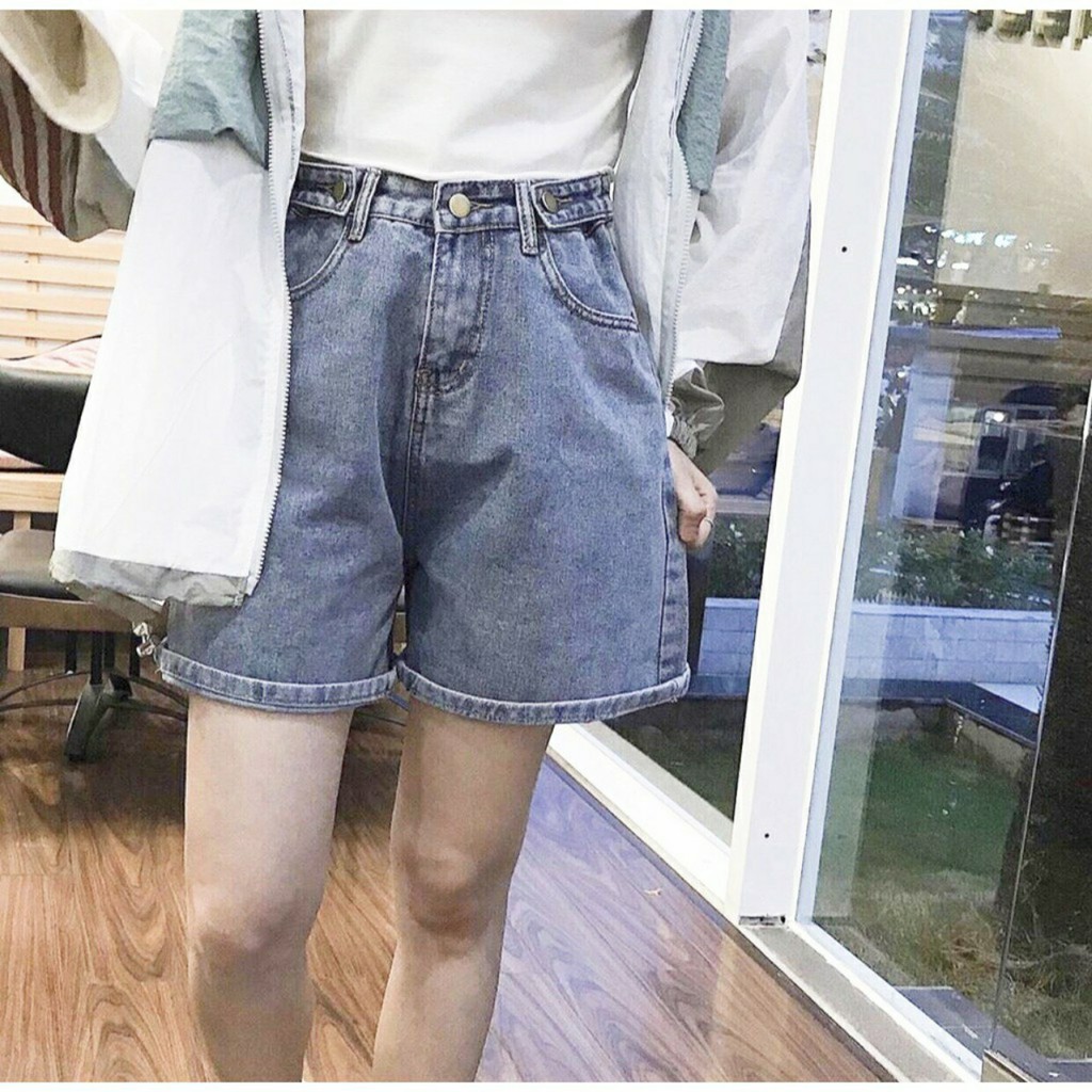 Quần Short Jeans Ngố Bò Nút Hông Ulzzang (2 Màu)