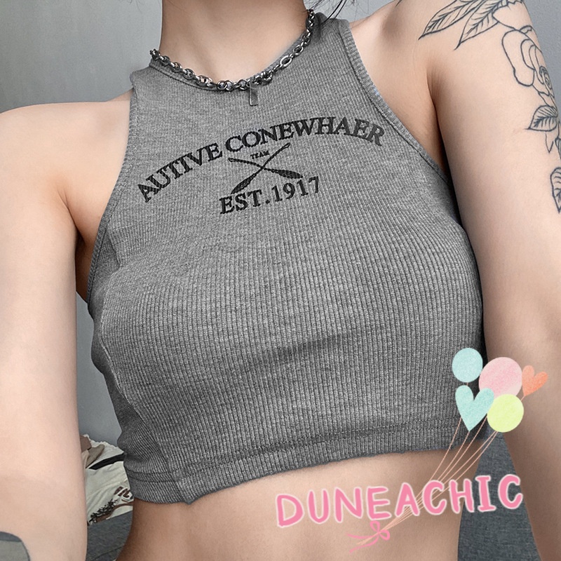 DUNEA Áo Tank Top Cổ Tròn In Chữ Phong Cách Đường Phố Cá Tính Cho Nữ