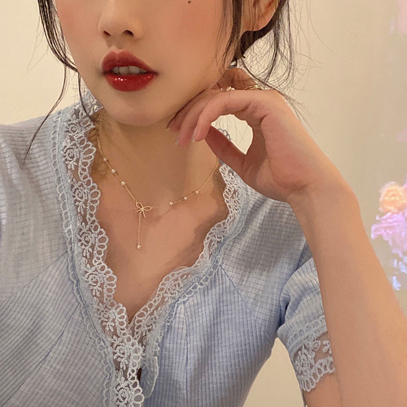 vòng cổ nữ chuỗi ngọc đính nơ cực xinh phong cách Hàn Quốc