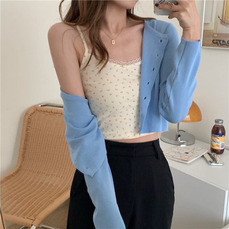 Áo Tank Top Hai Dây Phối Ren Họa Tiết Hoa Phong Cách Hàn Quốc | BigBuy360 - bigbuy360.vn