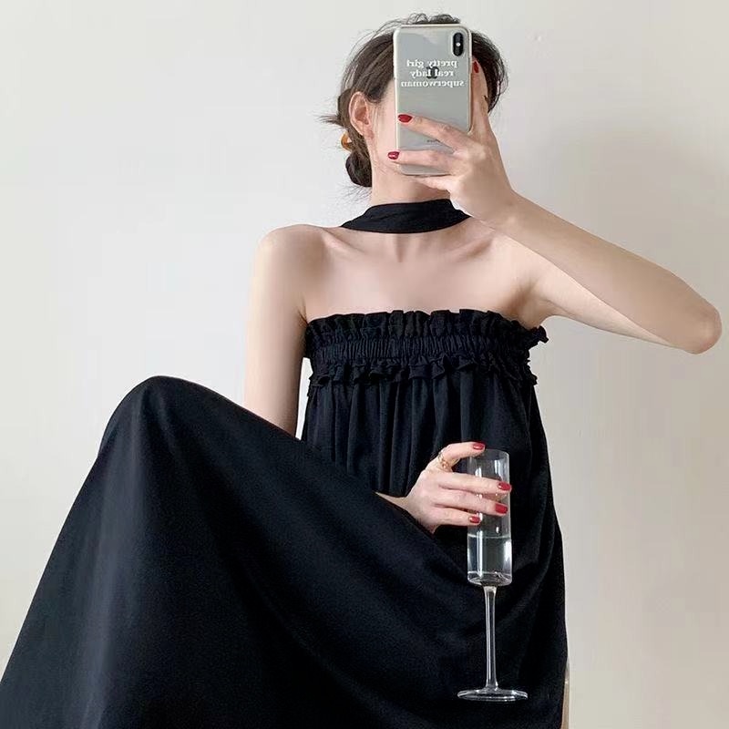 Đầm dài hở lưng màu đen phong cách Retro Hàn Quốc thời trang mùa hè cho nữ