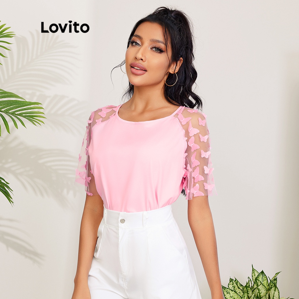 Áo sơ mi Lovito lưới tương phản đính bươm bướm màu trơn phong cách lãng mạn L27LD146 (màu hồng)