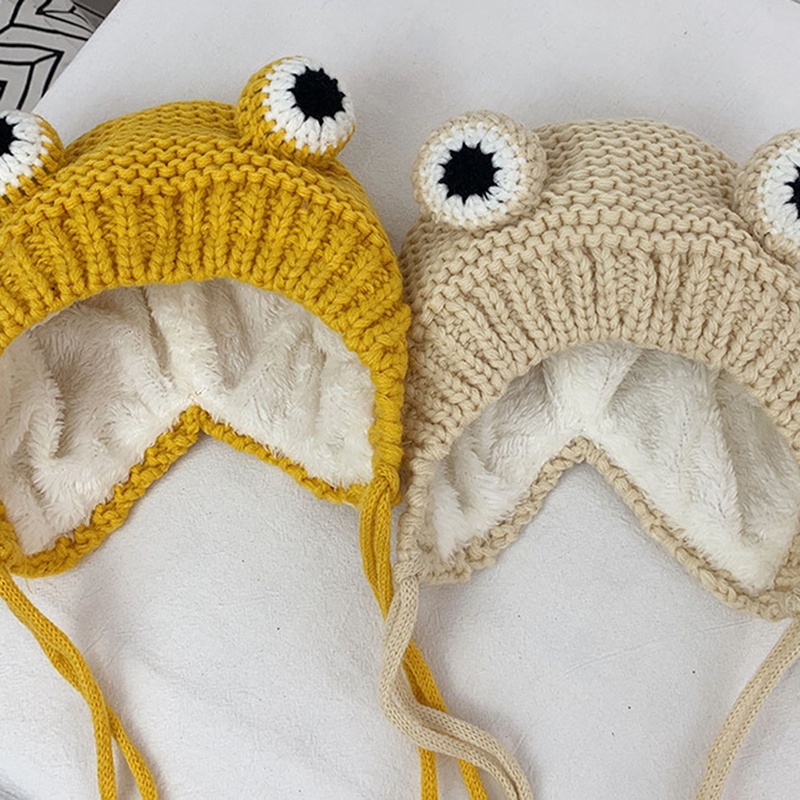Mũ Len beanie Màu Trơn In Hình Ếch Hoạt Hình Giữ Ấm Mùa Đông