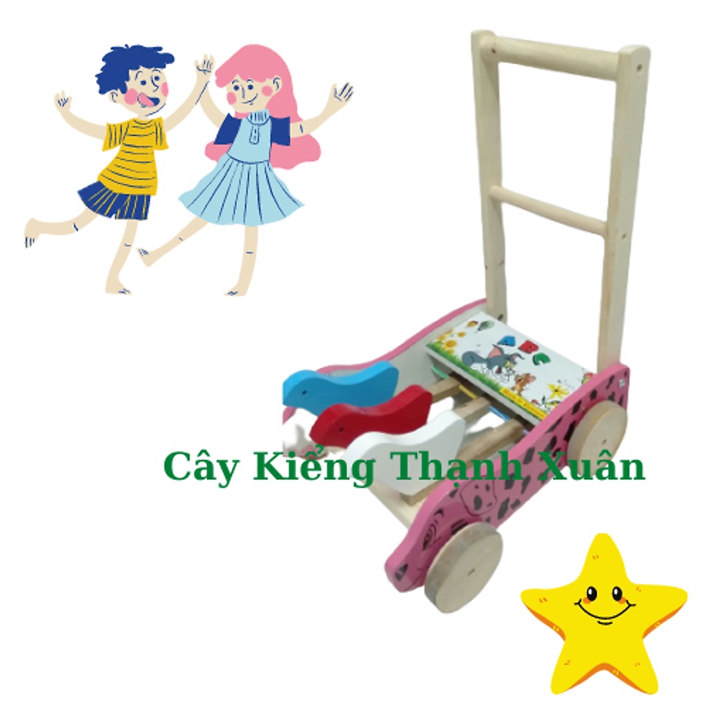 XE TẬP ĐI CHO BÉ BA CHÚ CHIM, HÔNG XE IN HÌNH CÚN ĐỐM, XE GỖ