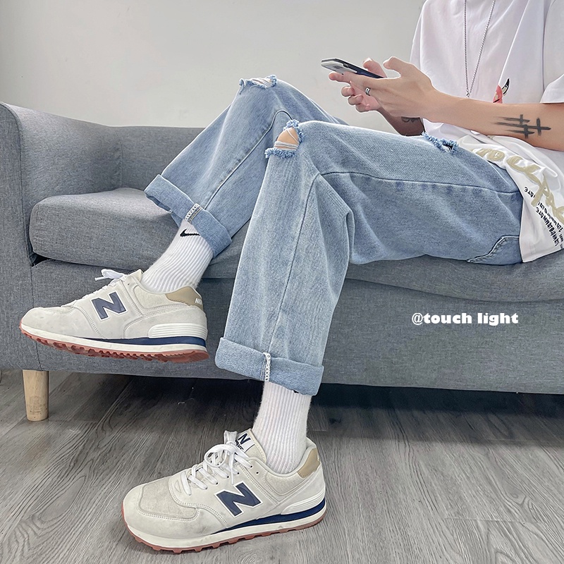 Quần jean baggy xanh nam, nữ ống rộng, rách cá tính, vải cao cấp không phai màu