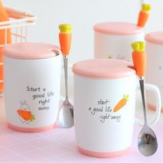 Cốc sứ, ly sứ 350ml gốm nắp và muỗng carot dễ thương phù hợp văn phòng, quà tặng