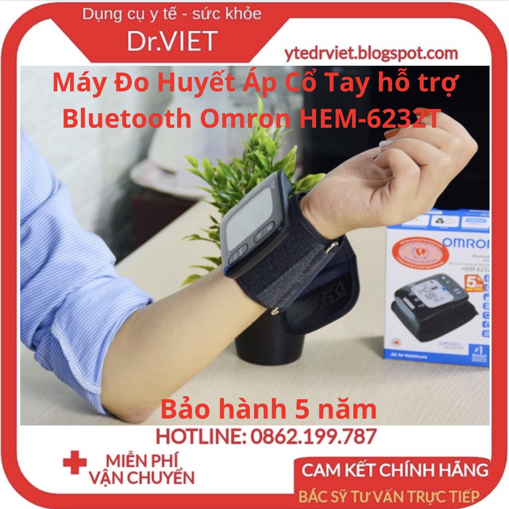 Máy Đo Huyết Áp Cổ Tay hỗ trợ Bluetooth Omron HEM-6232T - Báo huyết áp và nhịp tim chính xác,bảo hành 5 năm-Drviet