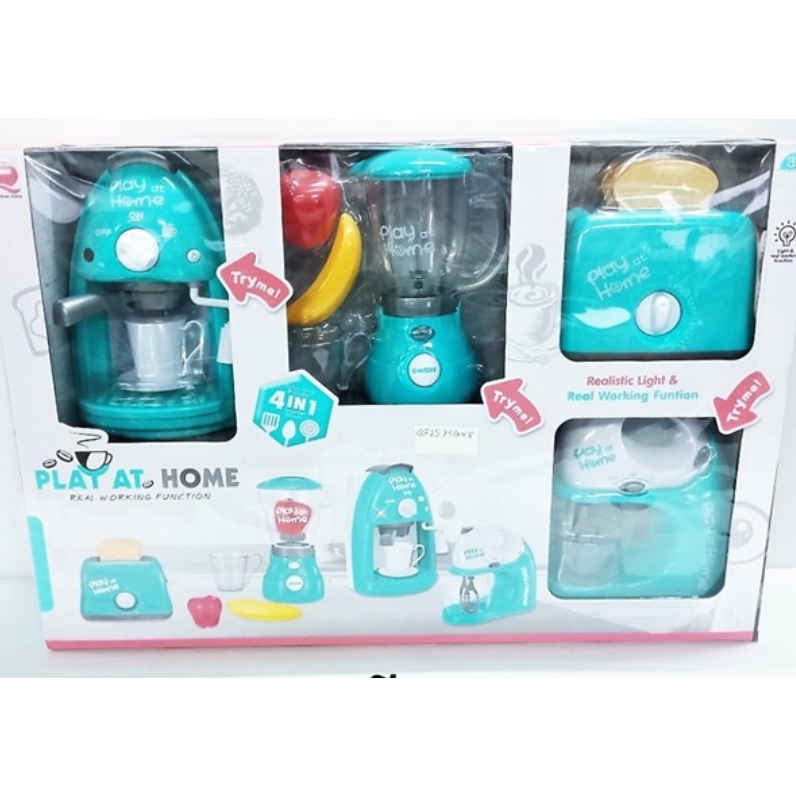 BỘ 4 MÓN ĐỒ CHƠI NHÀ BẾP: MÁY XAY SINH TỐ, MÁY LỌC NƯỚC, MÁY PHA CÀ PHÊ, MÁY NƯỚNG BÁNH MÌ DÙNG PIN