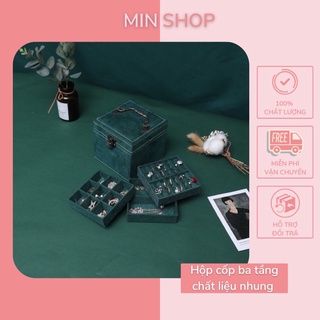 Hộp Cốp Mini Đựng Trang Sức Phong Cách Vintage Chất Liệu Nhung cao cấp 3 Tầng Hình Vuông, phù hợp đi du lịch