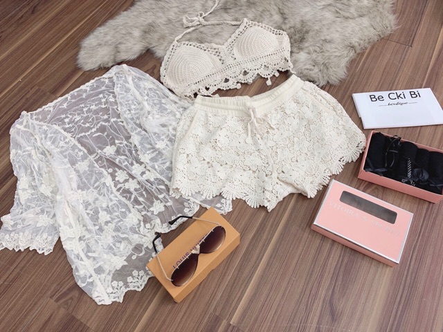 Set biển mới - set 3 món - áo bra kiểu giọt lệ + quần ren hoa + choàng ren hoa nhỏ