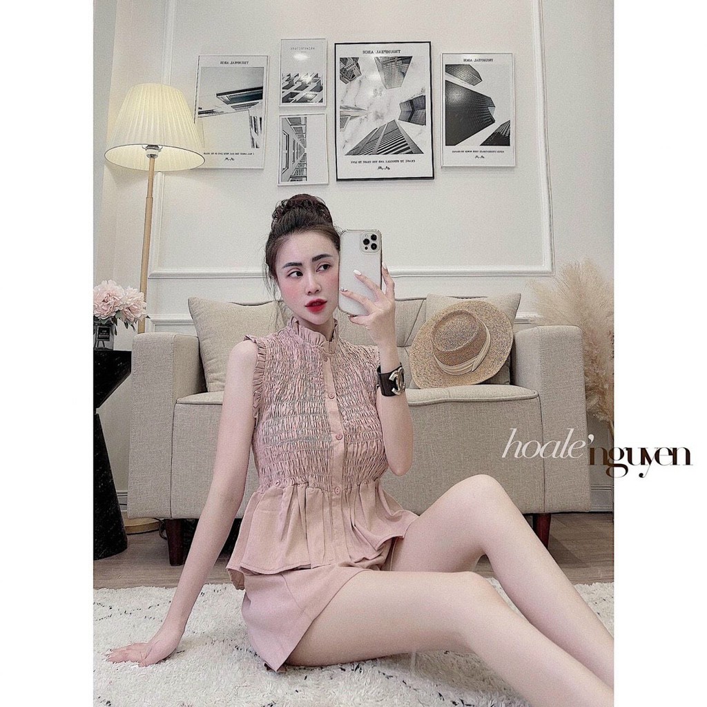 sét áo nhún cổ cao cài nút phối quần đùi thời trang ls049