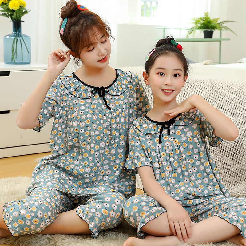 Bộ Đồ Ngủ Cotton Lụa Mỏng Tay Ngắn Viền Xếp Nếp In Họa Tiết Hoạt Hình Thời Trang Cho Mẹ Và Bé Size 110-xl