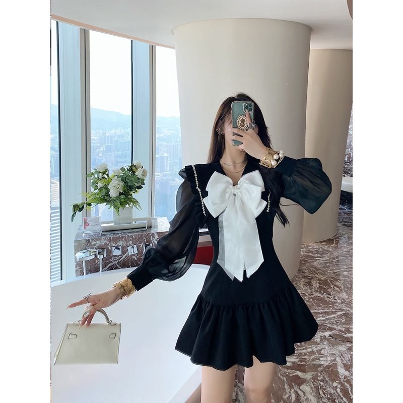 Đầm ôm eo đính nơ thời trang thu đông phong cách Pháp mới 2021