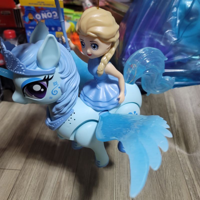 Lồng đèn trung thu búp bê elsa cỡi ngựa pony có cánh thiên thần màu xanh cực đẹp có đèn nhạc cho bé