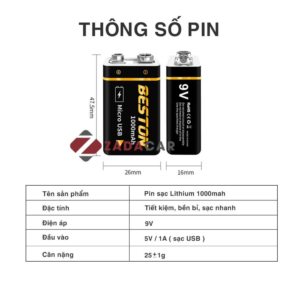 Pin trụ Lithium 1000mAh chính hãng Beston có cổng sạc trực tiếp tuổi thọ 2-5 năm – Pin vuông Beston