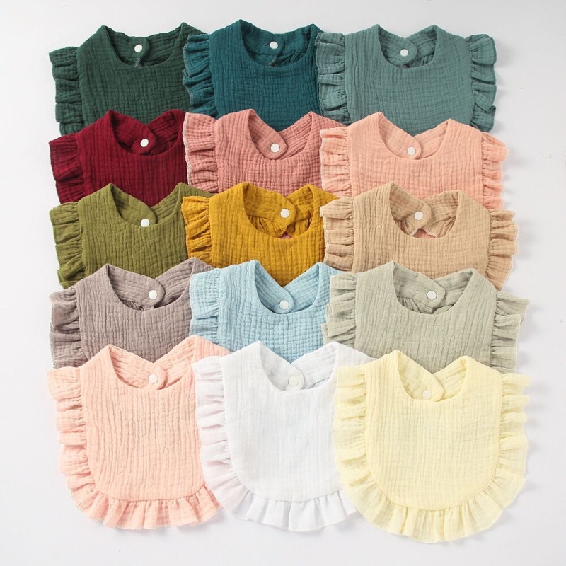 Yếm Ăn Bằng Cotton Mềm Phối Ren Nhún Bèo Dành Cho Bé Sơ Sinh