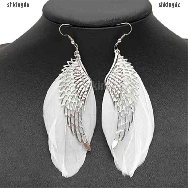 Khuyên tai móc thiết kế hình đôi cánh đính đá phối lông vũ thời trang