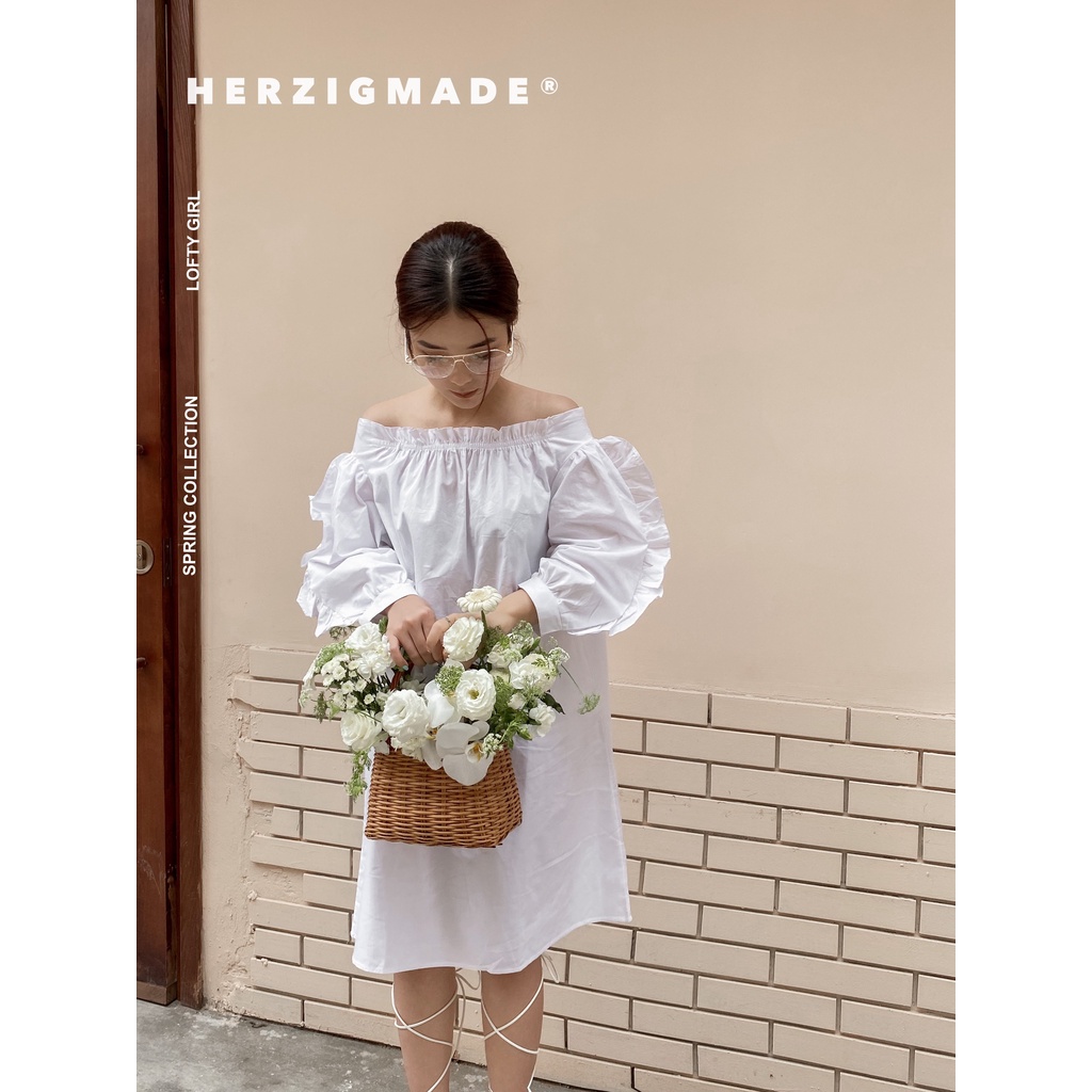 Váy trễ vai dáng suông HERZIGMADE thô trơn viền bèo - Dora dress - B1777