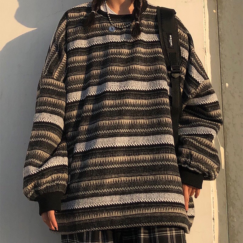 [Áo sweater nữ] Áo sweater ullzang nữ form rộng oversize kẻ quảng châu giá rẻ unisex 2021