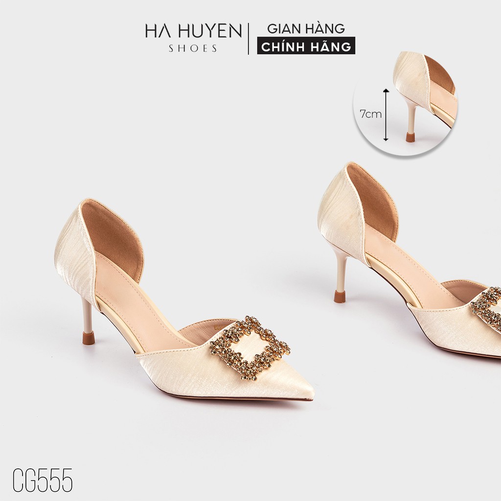 Giày cao gót nữ Hà Huyền Shoes khoét eo mũi nhọn đính đá chữ nhật ánh xanh gót 7 phân - CG555