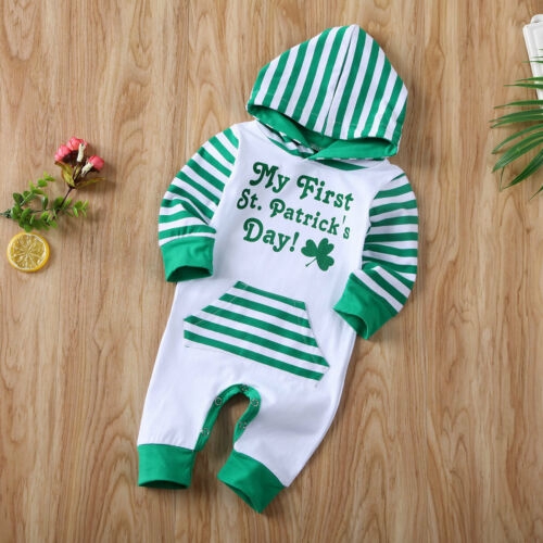 ☞❀❤♕GOABaby Boy Girl Romper My First St.Patrick´s Day Clover Striped Pocket Long Sleeve Bodysuit Spring Clothes