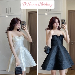 Váy gấm hoa nổi dáng xòe, Đầm cúp ngực sexy dáng xòe đi chơi, đi dự tiệc cực sang chảnh