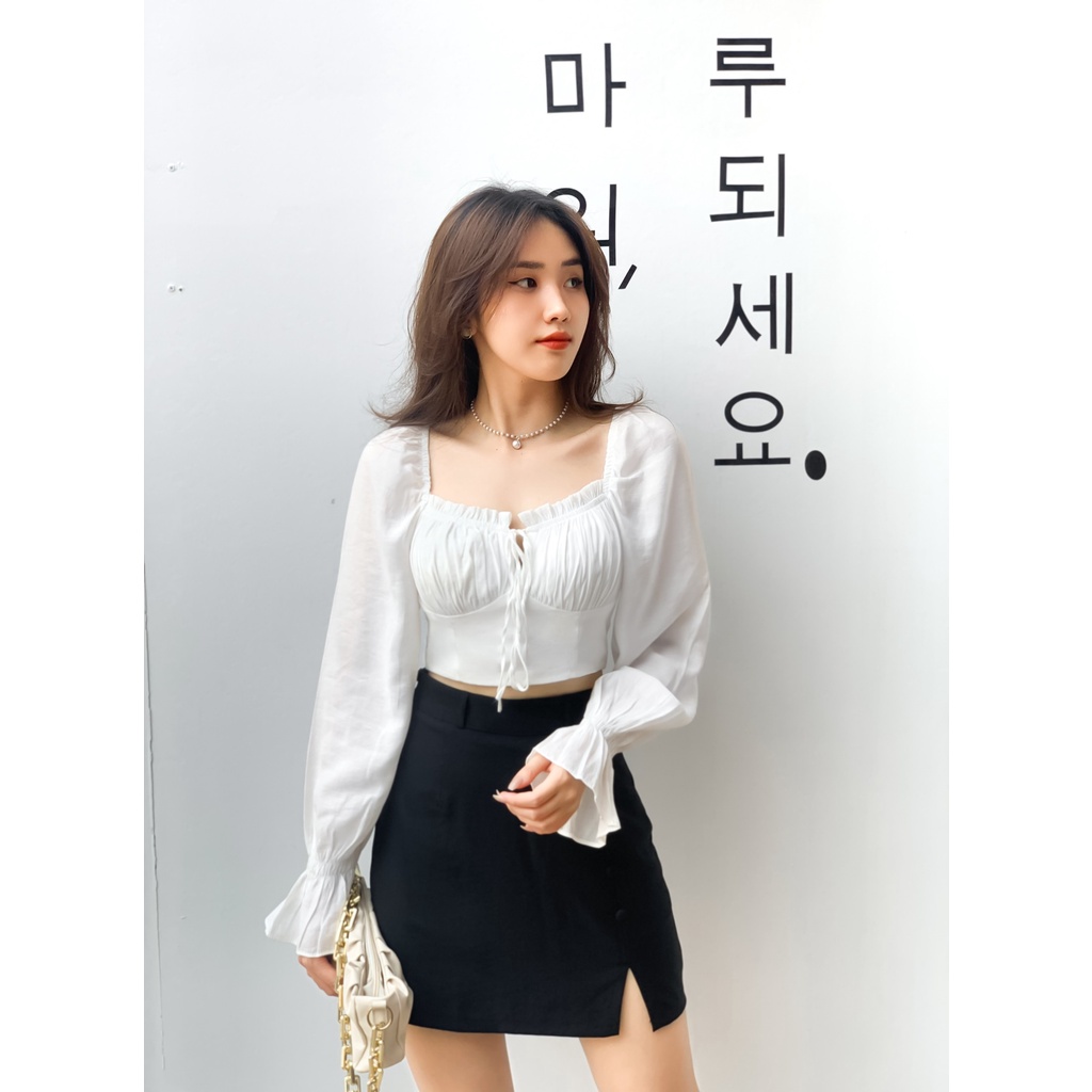 KOOKY HOUSE - ÁO JUHI TRẮNG - Áo croptop tay dài thiết kế nhún ngực thời trang và cao cấp