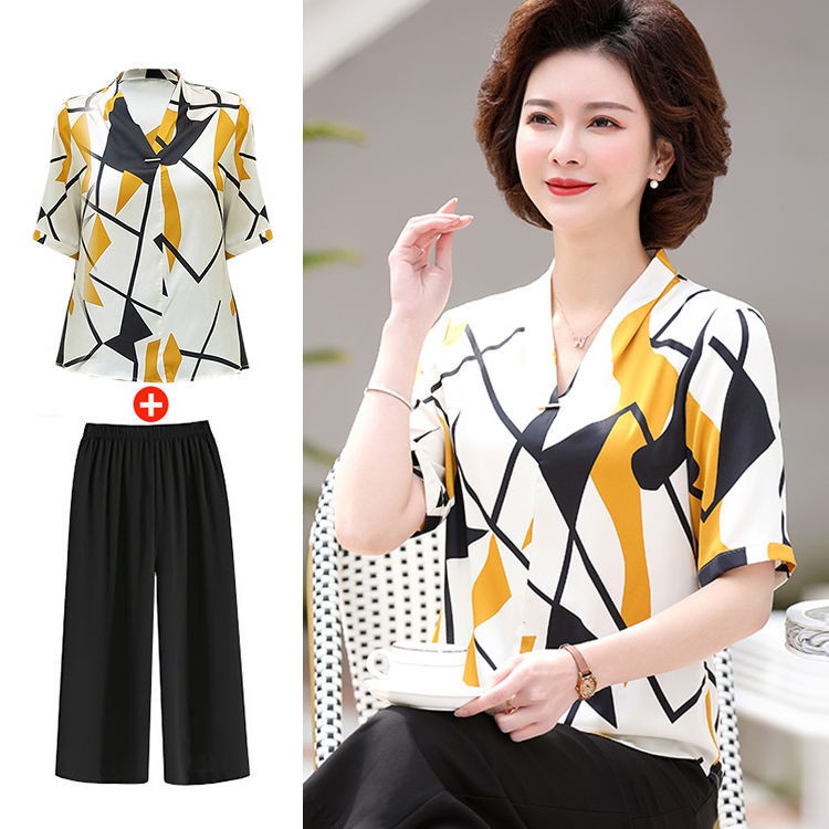 Đơn / bộ đồ giữa áo phông ngắn tay 5 tuổi phụ nữ trung niên và già cộng với size sơ mi voan trên cùngV