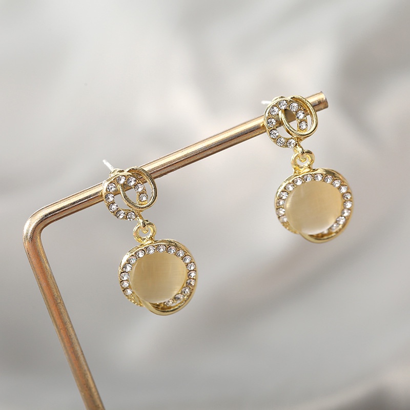 Khuyên Tai Đính Đá Mắt Mèo Tròn Đôi Thiết Kế Đơn Giản Sang Trọng