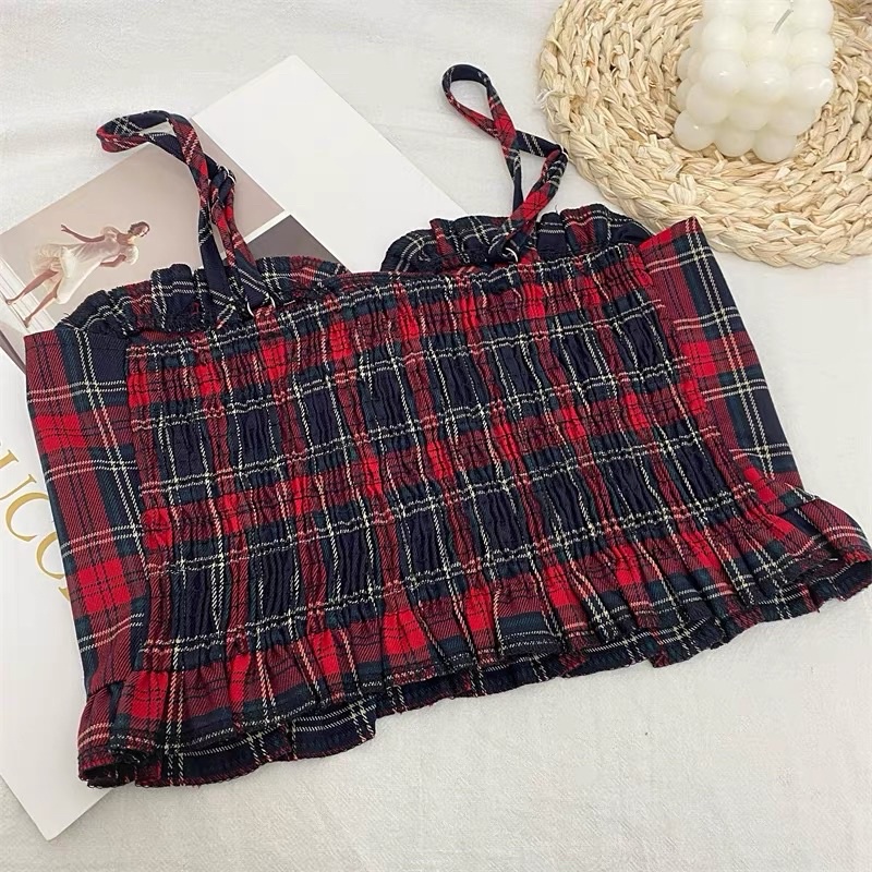 áo 2s 2 dây kẻ đỏ mix viền bèo ngực (ko có mút ngực)