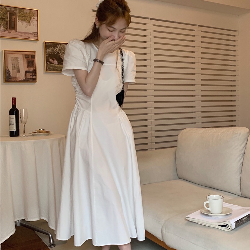 Đầm SUXI tay ngắn cổ tròn đơn giản phong cách Hàn Quốc