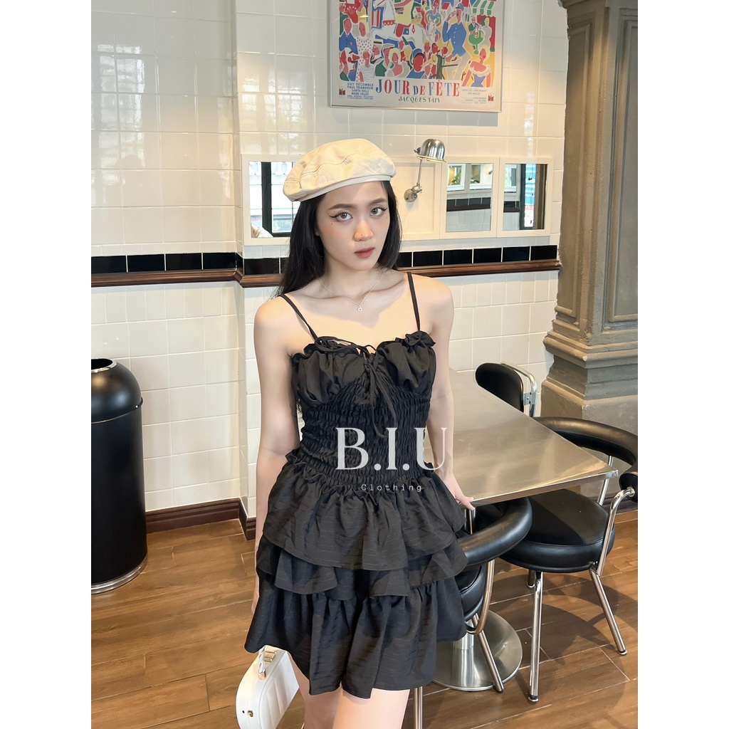 Đầm dây viền bèo ngực nhún eo dây cột nhiều kiểu form ngắn xếp tầng xòe BIU Clothing BB0029