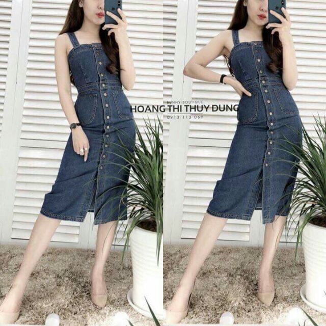 (KÈM ẢNH THẬT)Đầm suông jean 2 dây đóng nút cực xinh iu