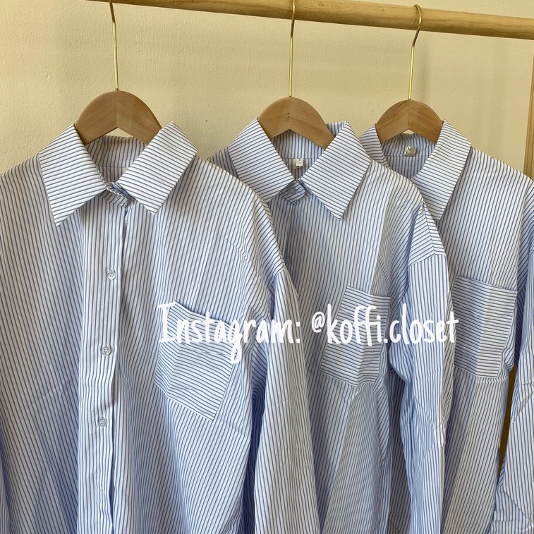 Áo sơ mi xanh unisex basic kẻ sọc freesize rộng rãi phong cách Hàn Quốc