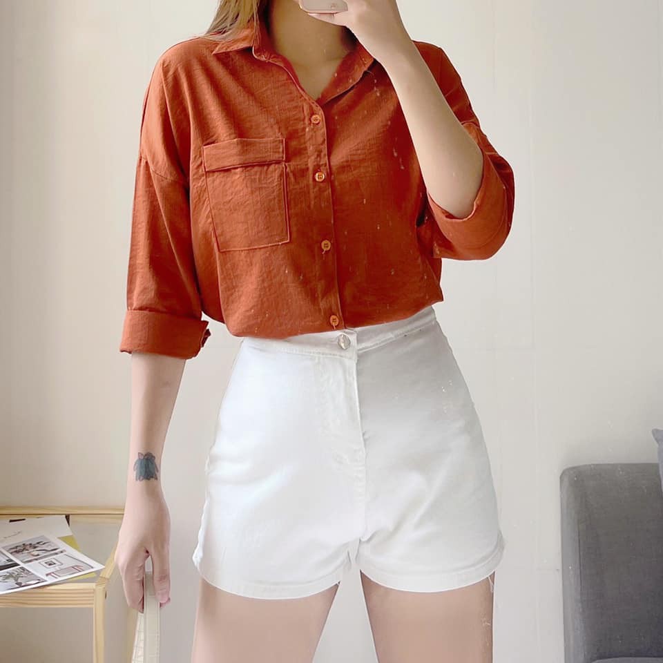 Áo sơmi nữ sơmi túi gấp form rộng dài tay kiểu công sở đẹp CHIBEST_AA001