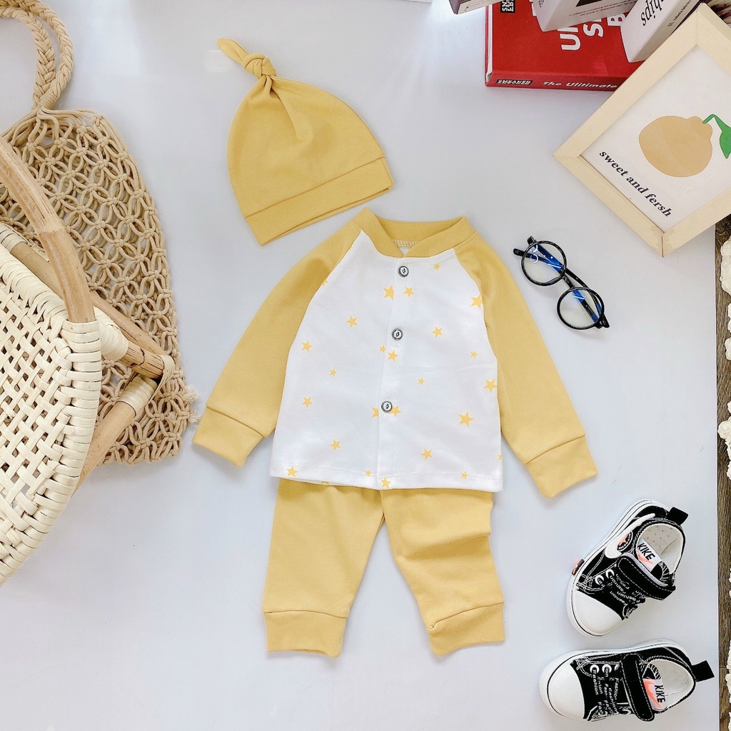 Bộ cotton len sơ sinh dài tay cho bé trai bé gái tặng lèm mũ 3-9kg