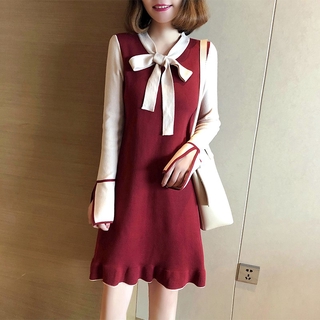 Váy Nữ Bow Long Sleeved Knitted Contrasting Color Slim Midi Dress Simple Flared Sleeves Mermaid Dress Women